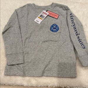 Vineyard Vines Kids Grey Long-Sleeve Pocket Tee with Blue Pocket Emblem